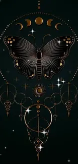 Mystic butterfly with celestial symbols and moon phases on dark background.