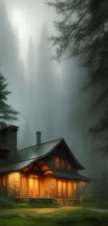 Misty forest with illuminated cabin under tall pines.