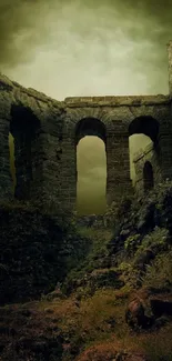 Mysterious castle ruins with moody sky.