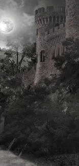 Gothic castle under a full moon in a mystical landscape.