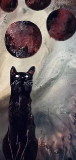 Black cat gazing at floating mystical orbs in an artistic wallpaper.