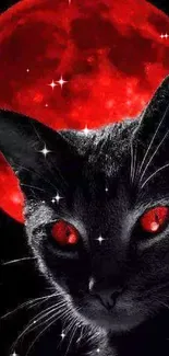 Mystic black cat with red moon backdrop, creating an enigmatic mobile wallpaper.