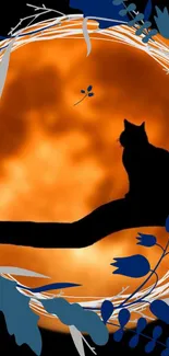 Silhouette of a cat against an orange moon, framed with blue floral accents.