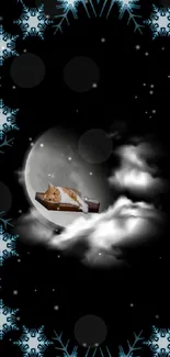 Cat resting on a moon against a starry, snowflake-decorated night sky.