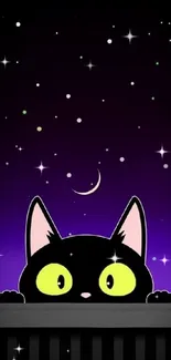 Charming black cat with yellow eyes under a starry night sky and crescent moon.