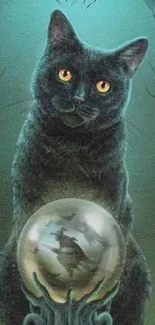 Mystical black cat with crystal ball on teal background.