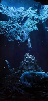 Ethereal cave with dragon in dark blue hues