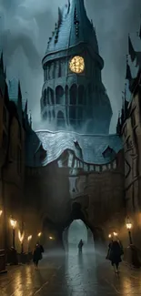A mystical scene with a gothic clock tower under a moody night sky.