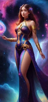 Mystical goddess in vibrant cosmic setting mobile wallpaper.