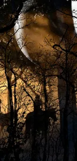 Silhouetted cowboy under a moonlit forest sky, creating a mystical night scene.