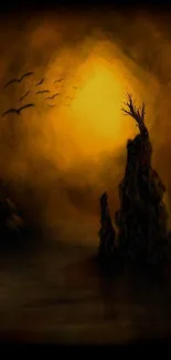 Dark fantasy scene with sun, rocks, and birds in silhouette.