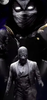 Dark-suited hero with mask in a mystic background.