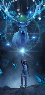 A mystical scene with a majestic deer and glowing blue butterflies.