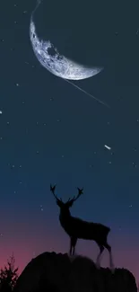 Silhouette of a deer against a starry night sky with a glowing moon.