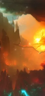 Fiery dragon soaring over glowing peaks in fantasy landscape.