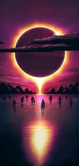 Silhouetted figures under a cosmic eclipse in a mystical digital art scene.