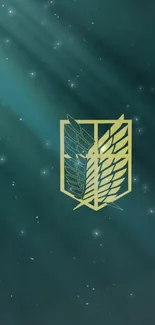 Golden emblem on teal background with stars.