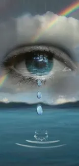 Mystical eye with tears and rainbow over ocean in surreal art.