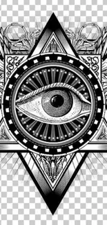 Mystical eye in black and white geometric design wallpaper.