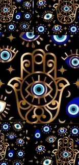 Mystical mobile wallpaper with Hamsa hand and eye symbols on a black background.