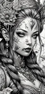 Mystical fantasy character with intricate details and monochrome theme.