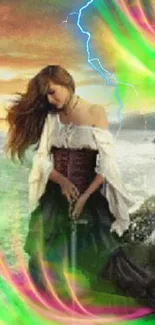 Mystical woman by the sea with sword and colorful swirls.