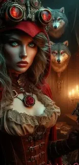 Mystic fantasy woman in red cloak with steampunk goggles and wolves.