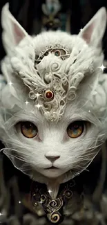 Mystical white cat with ornate, fantasy design on a dark background.