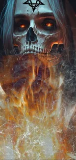 Mystic skull with fiery flames and dark background wallpaper.