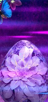 Purple floral egg with blue butterfly on a mystical background.