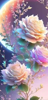 Mystical pastel floral artwork with moonlit background.