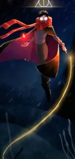 Mystic figure flying in dark, glowing symbols in mobile wallpaper.