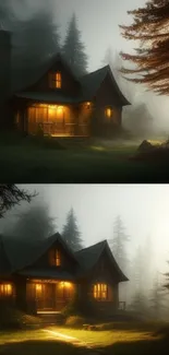 Misty forest cabin with warm glowing lights at dusk.