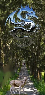 Metallic dragon art in mystic forest with a deer on a serene pathway.