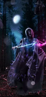 Hooded figure in a mystic forest with glowing aura and moonlight.