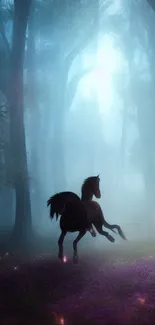 Mystical forest with a horse running under a blue glow.