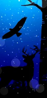 Silhouette of a deer and bird in a starlit forest night scene.