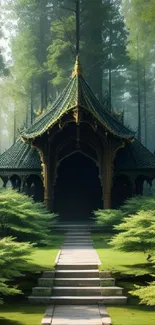 Mystical pagoda in a lush green forest with serene surroundings.