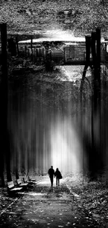 Black and white forest path art wallpaper with mystic vibe.