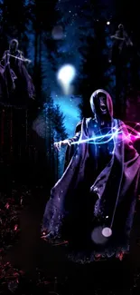 Mystical phantom figures in a dark forest with colorful light effects.