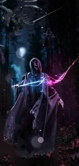 Hooded figure in a mystical forest with light effects.