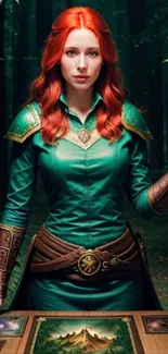 A sorceress in green holding fire in a mystical forest setting.