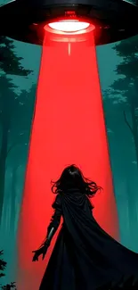 Cloaked figure under red UFO light in dark forest scene.