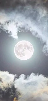 Full moon shining through swirling clouds in a dark night sky.