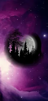 Mystic purple galaxy with moon and forest silhouette wallpaper.