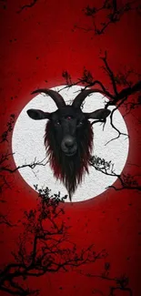 Mystical goat with three eyes on red moonlit background.