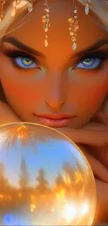 A mystical fantasy scene with glowing orb and captivating eyes.