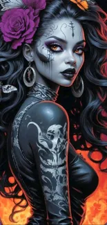 Gothic art wallpaper featuring a mysterious, dark-haired woman with tattoos.