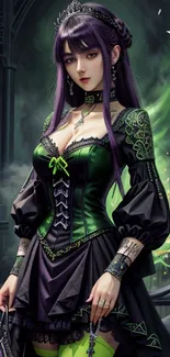 Gothic fantasy wallpaper with a mystic woman in green and black attire.