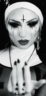 A gothic nun with dramatic makeup in a dark, mysterious monochrome setting.